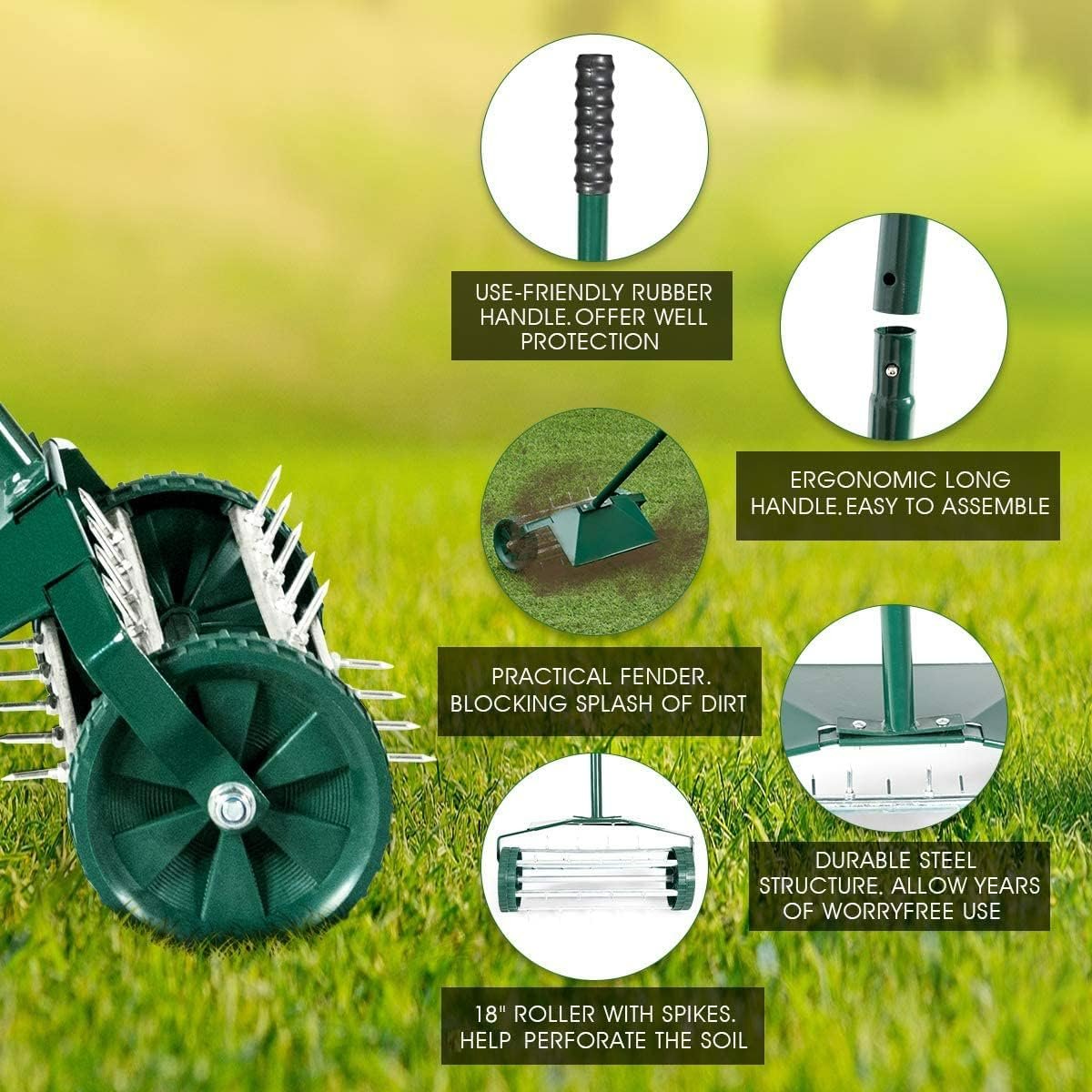 18″ Spike Roller Lawn Aerator - Portable Rolling Grass  Steel Spike Roller Adjustable Handle