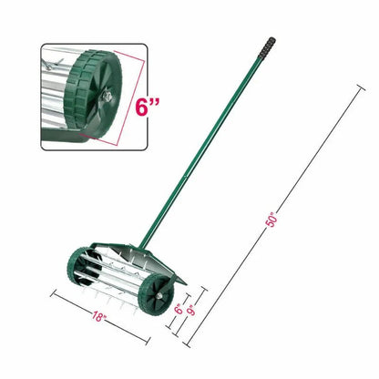 18″ Spike Roller Lawn Aerator - Portable Rolling Grass  Steel Spike Roller Adjustable Handle