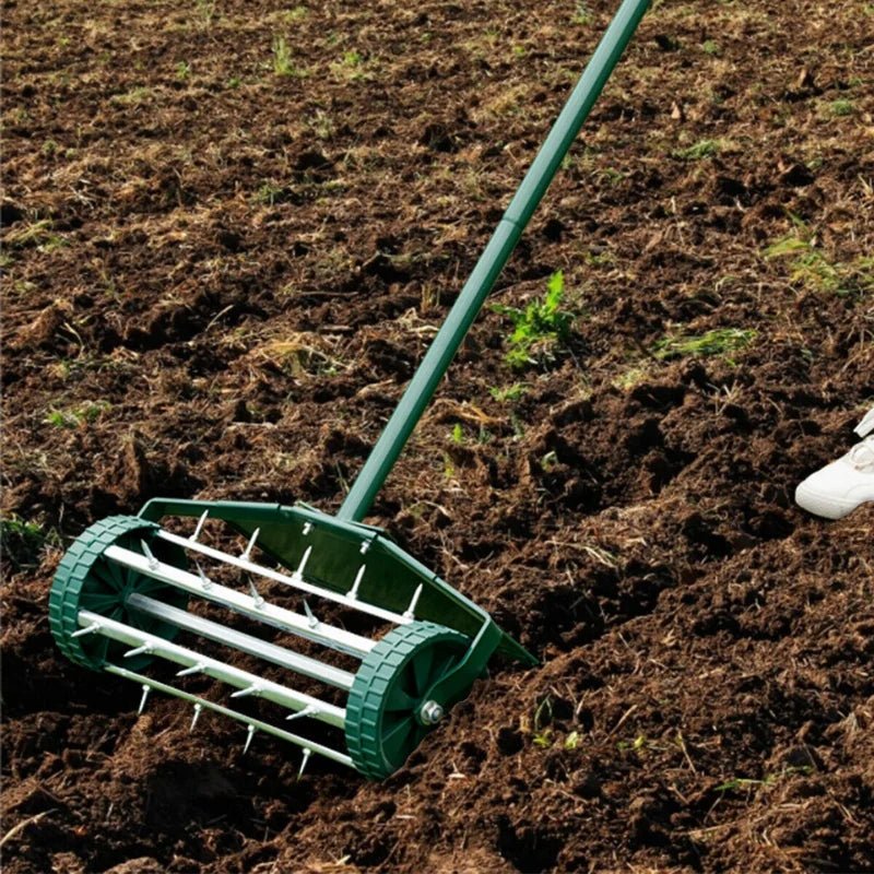 18″ Spike Roller Lawn Aerator - Portable Rolling Grass  Steel Spike Roller Adjustable Handle