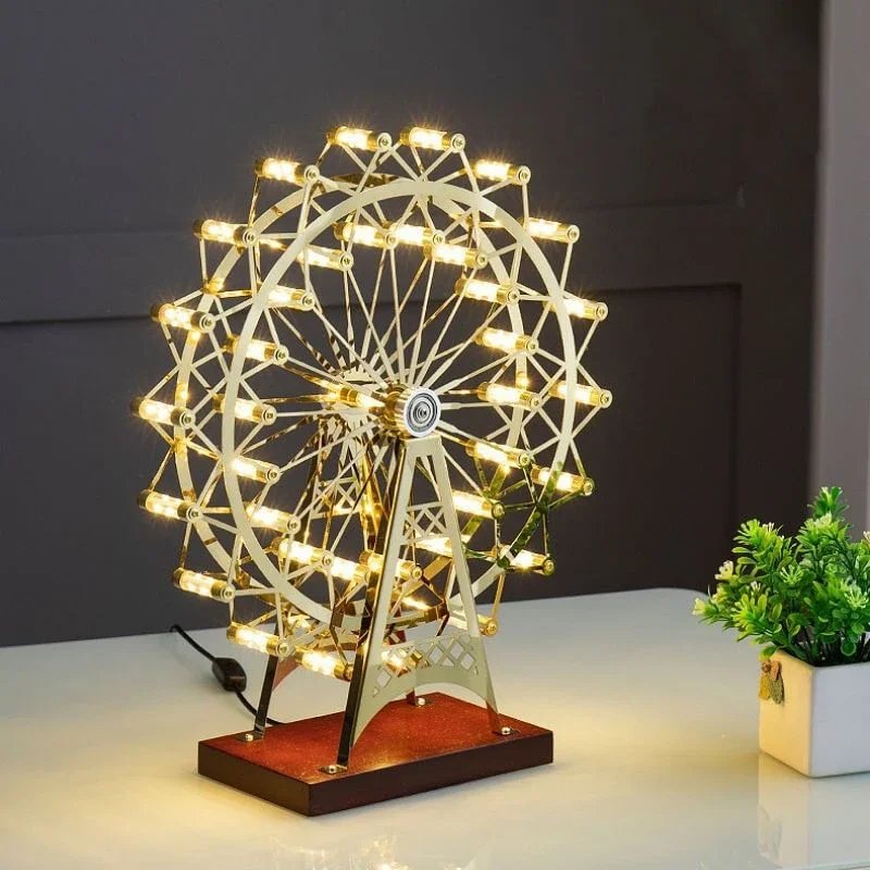 360° Rotatable Retro Ferris Wheel Table Lamp - Living Kid Room Desk Decor Stainless Steel Rotating Night Lighting