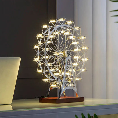 360° Rotatable Retro Ferris Wheel Table Lamp - Living Kid Room Desk Decor Stainless Steel Rotating Night Lighting