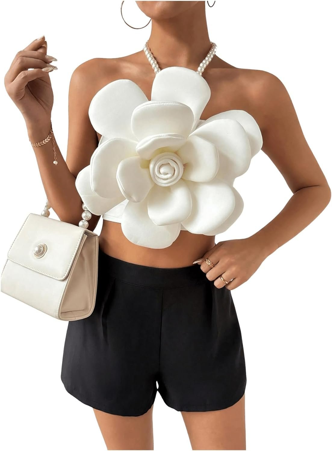 3D Floral Beaded Halter Top - Asymmetrical Hem Sleeveless Drawstring Backless Tank Tops