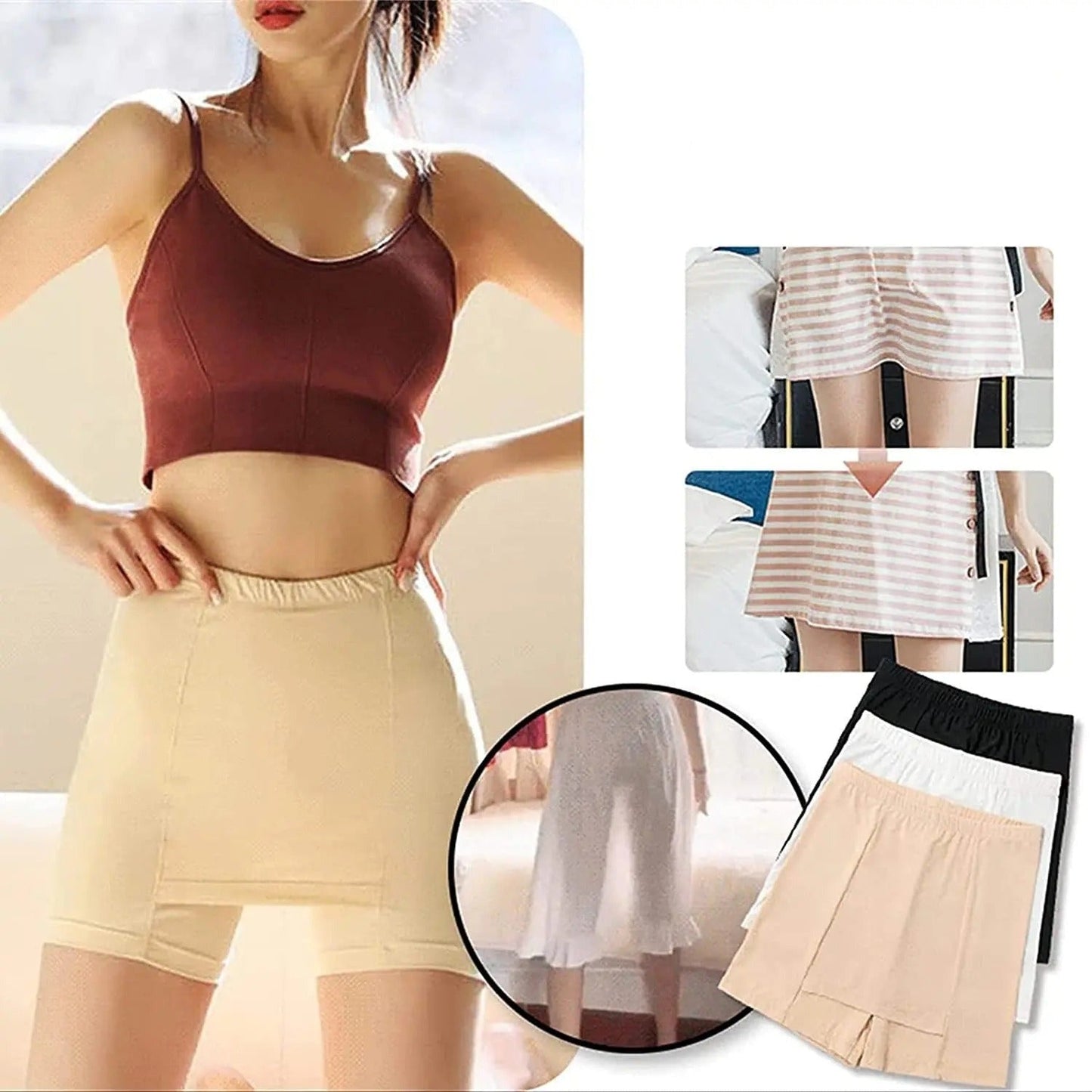 Double-layer Front Crotch Ice Silk Safety Shorts - Women's Double-Layer Safety Shorts, Non-Slip Elastic Waist Shorts, Suitable for Matching Skirts