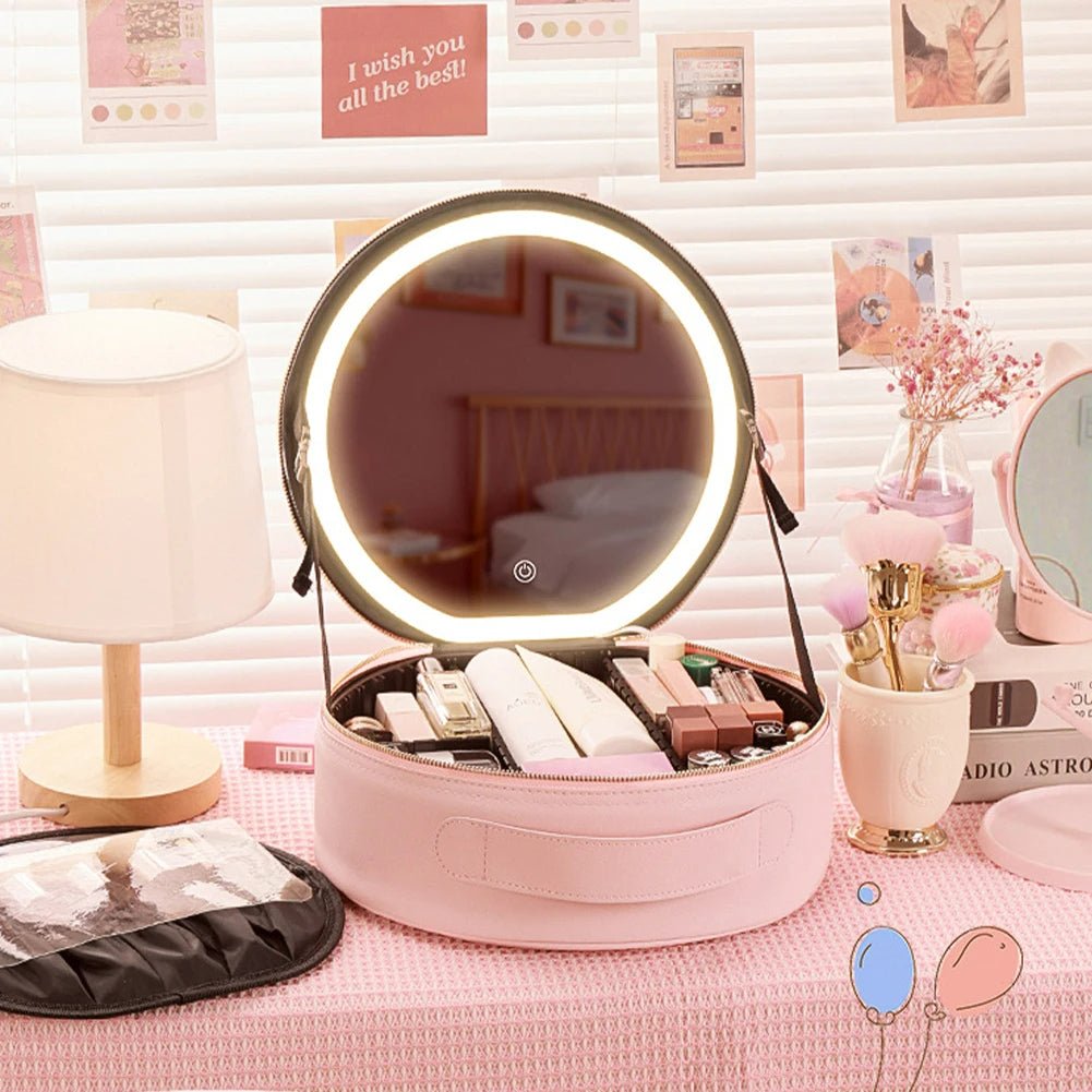 Round Smart LED Makeup Bag With Mirror Lights - Women Beauty Bag Large Capacity PU Leather Travel Organizers Cosmetic Case