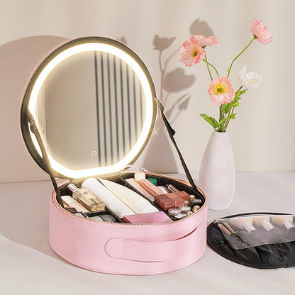 Round Smart LED Makeup Bag With Mirror Lights - Women Beauty Bag Large Capacity PU Leather Travel Organizers Cosmetic Case