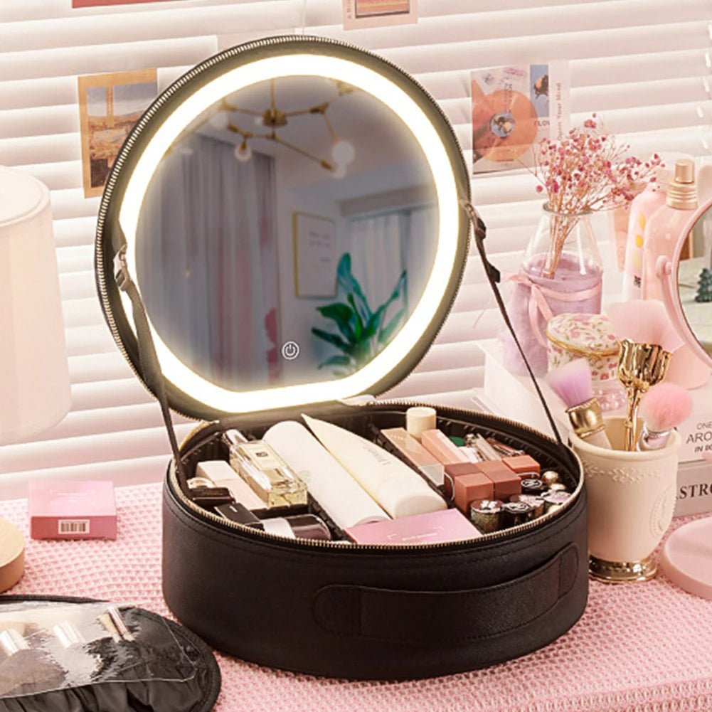 Round Smart LED Makeup Bag With Mirror Lights - Women Beauty Bag Large Capacity PU Leather Travel Organizers Cosmetic Case