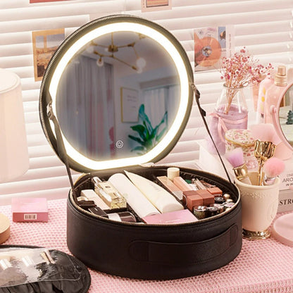 Round Smart LED Makeup Bag With Mirror Lights - Women Beauty Bag Large Capacity PU Leather Travel Organizers Cosmetic Case