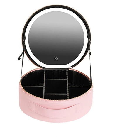 Round Smart LED Makeup Bag With Mirror Lights - Women Beauty Bag Large Capacity PU Leather Travel Organizers Cosmetic Case