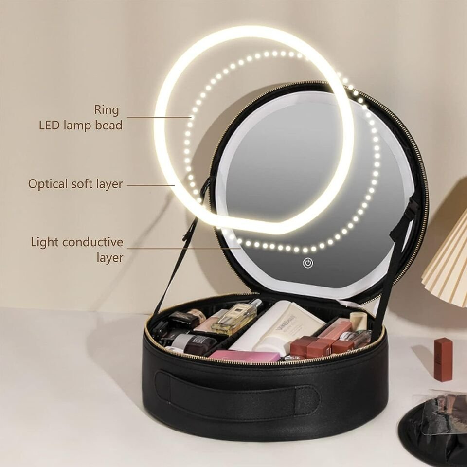 Round Smart LED Makeup Bag With Mirror Lights - Women Beauty Bag Large Capacity PU Leather Travel Organizers Cosmetic Case