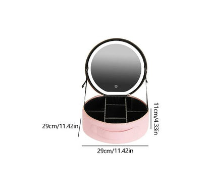 Round Smart LED Makeup Bag With Mirror Lights - Women Beauty Bag Large Capacity PU Leather Travel Organizers Cosmetic Case