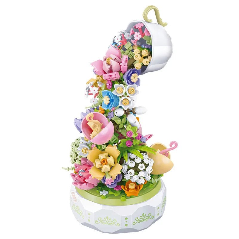 Teacup Flower Music Box Building Blocks - Botanical Collection Gift For Child and Adult