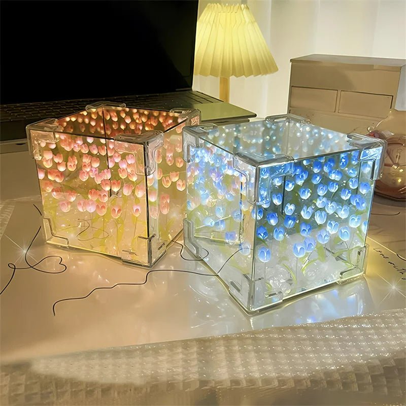 Tulip Cube Nightlight - Handmade Floral Mirror Decor