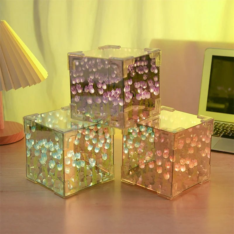 Tulip Cube Nightlight - Handmade Floral Mirror Decor